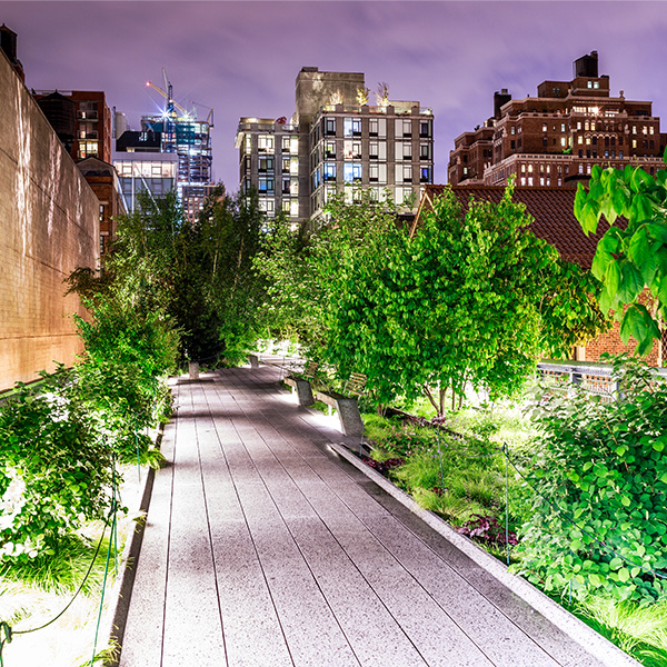 The Highline park at night.