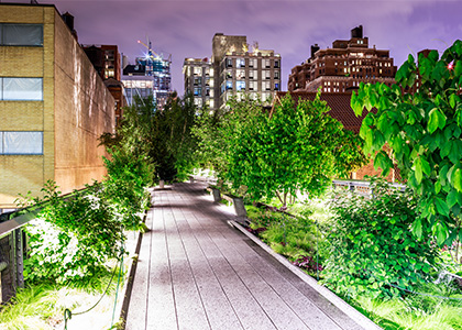 The Highline park at night.